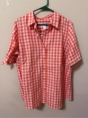 Roaman's Coral/orange and White Gingham Short-Sleeve Button-Down Shirt 18w new